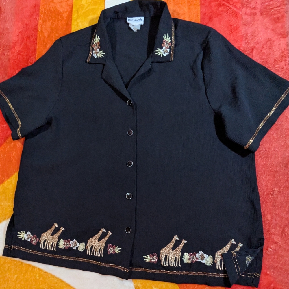 Vintage Bon Worth Navy Blouse with Jungle Animal & Flowers Embroidery Resortwear